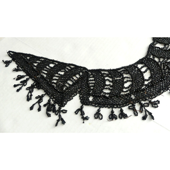 Large Antique Victorian Hand Beaded Collar Adornments Black Fringe Vtg Mourning - Picture 3 of 10